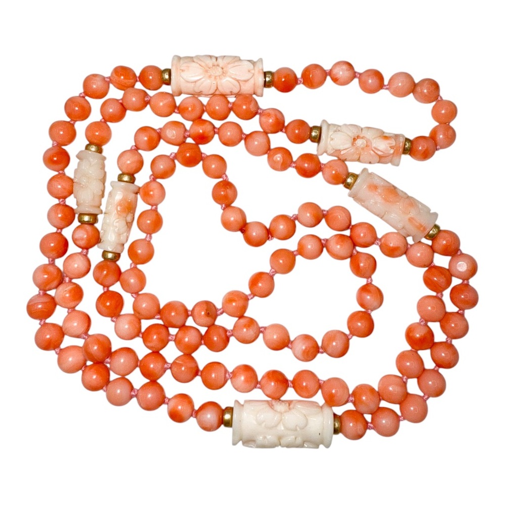 Vintage Natural Pink Angel Skin Coral Carved & Knotted Beaded Necklace